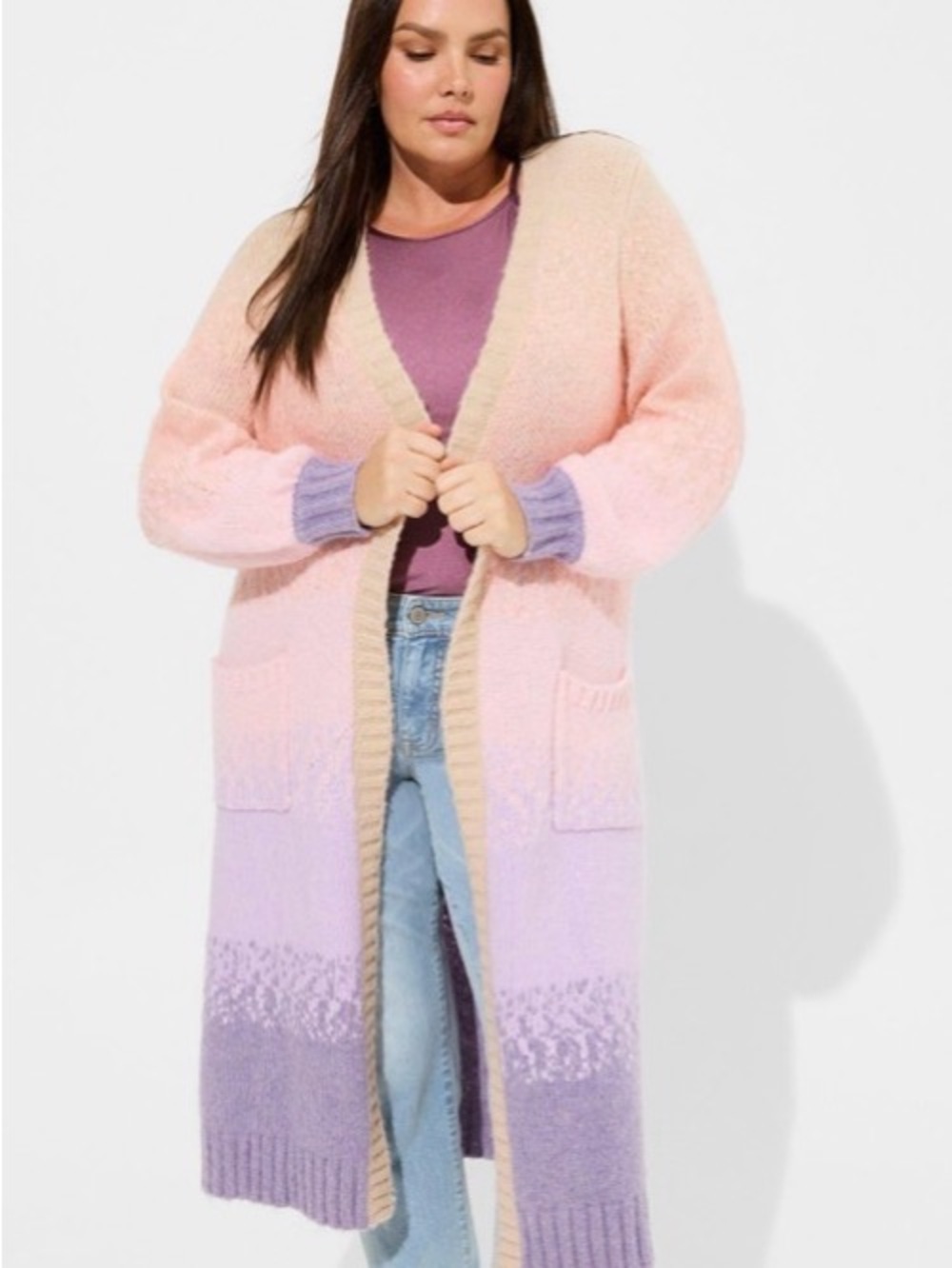 Long Ombre Pink Lavender Open-Front Cardigan Sweater